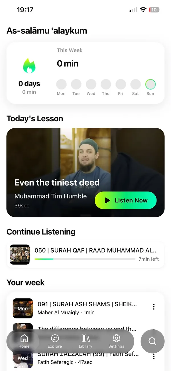 Home screen with weekly overview and today’s lesson