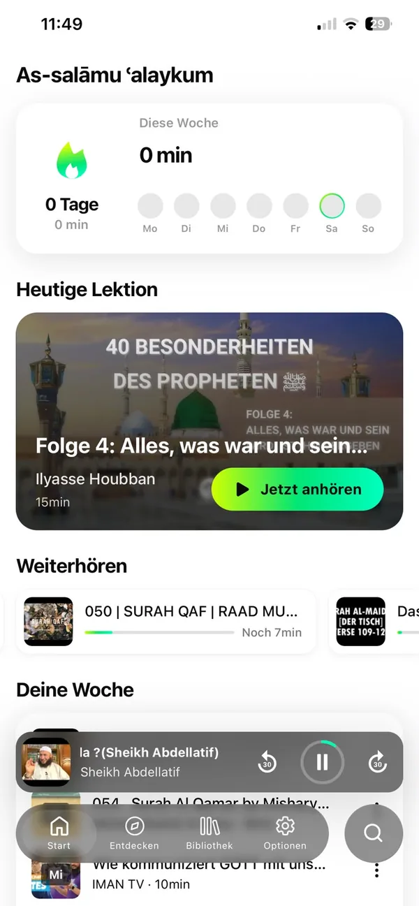 Startseite mit Wochenübersicht und heutiger Lektion